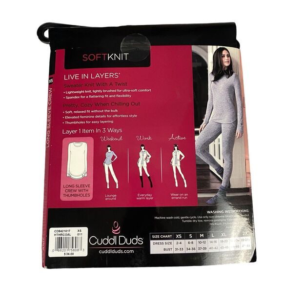 Cuddl Duds Long Sleeve Crew Soft Knit w/Thumb Holes Women's Size X-Small Gray - Picture 9 of 15